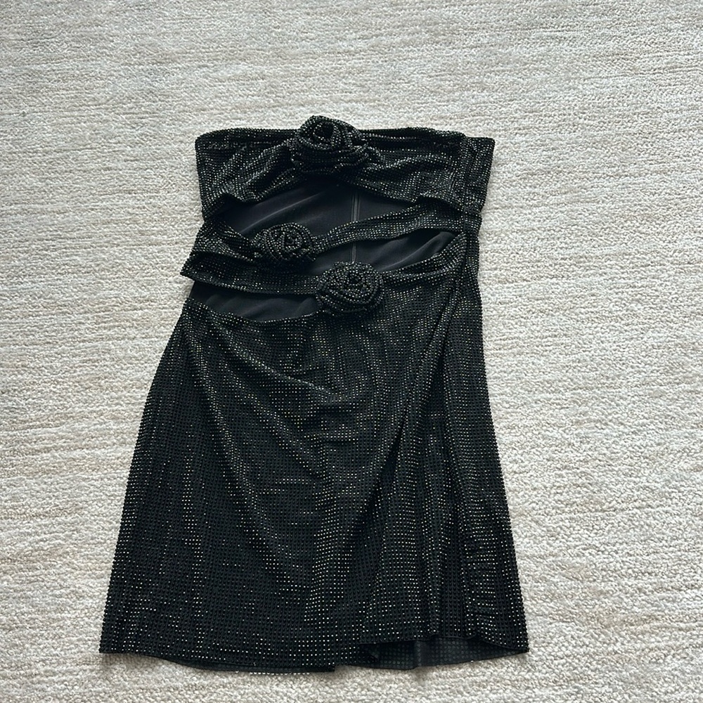 Meshki Black Strapless Mini Dress with Rosette Straps